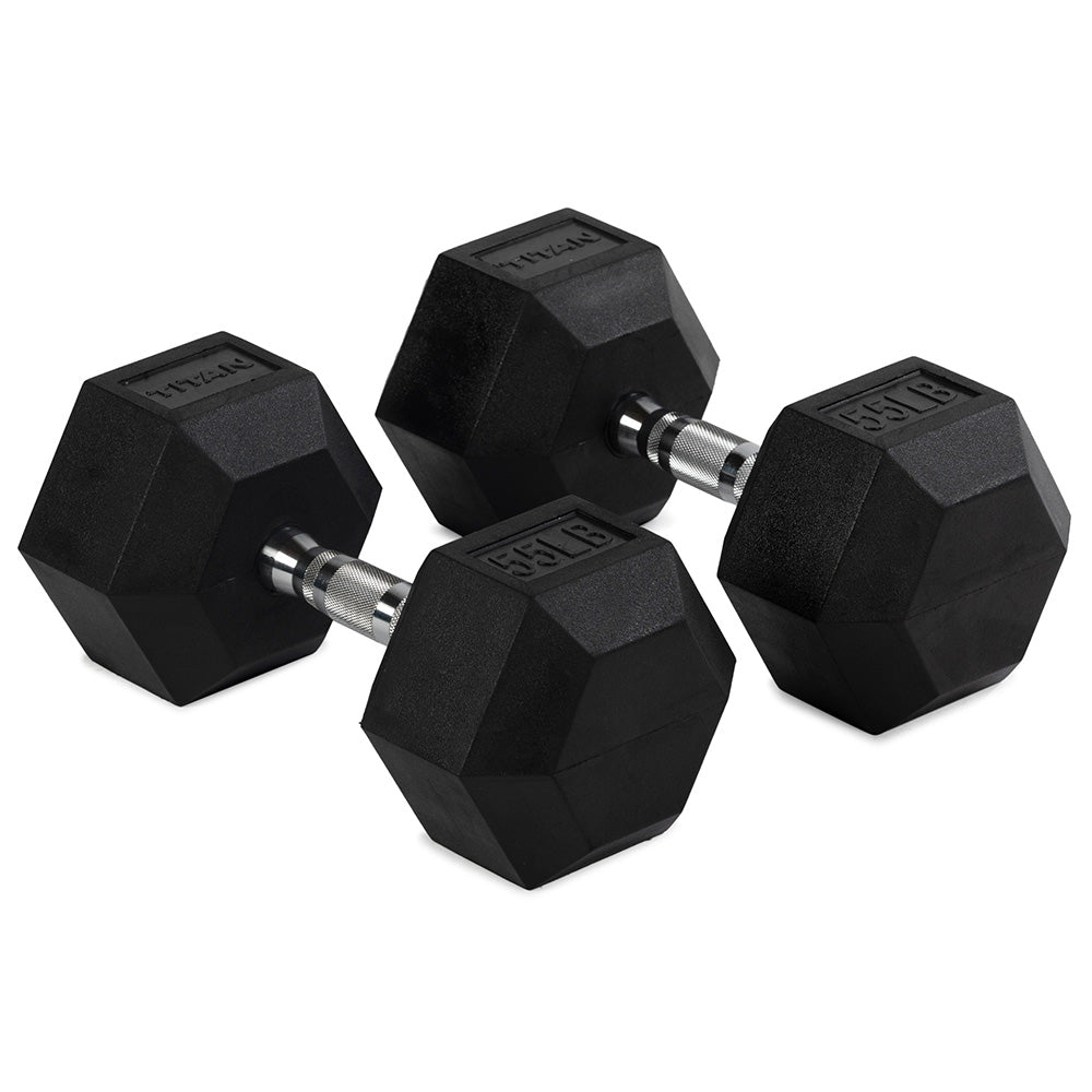 421056_01.jpg 55 LB Rubber Hex Dumbbells - Image 1