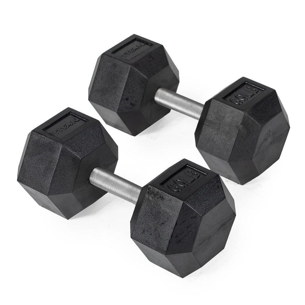 421205_01.jpg 60 LB Straight Stainless Steel Hex Dumbbells - Image 1