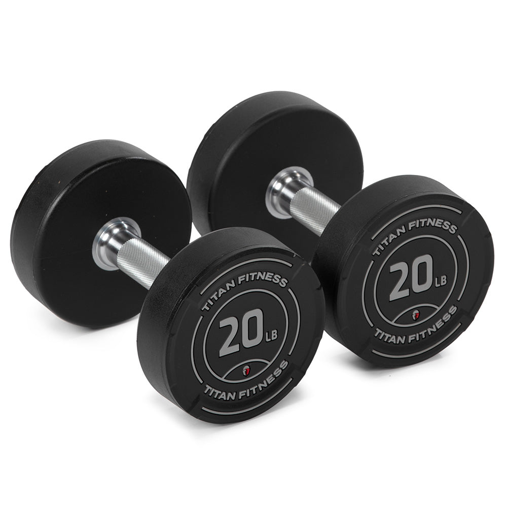421335_01.jpg Scratch and Dent, 20 LB Pair Round Urethane Dumbbells - Image 1