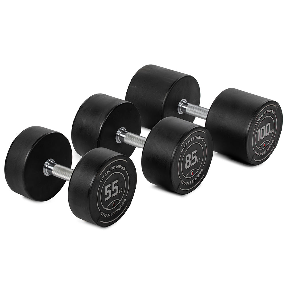 421358_01.jpg 55 LB - 100 LB Set Round Urethane Dumbbells - Image 1